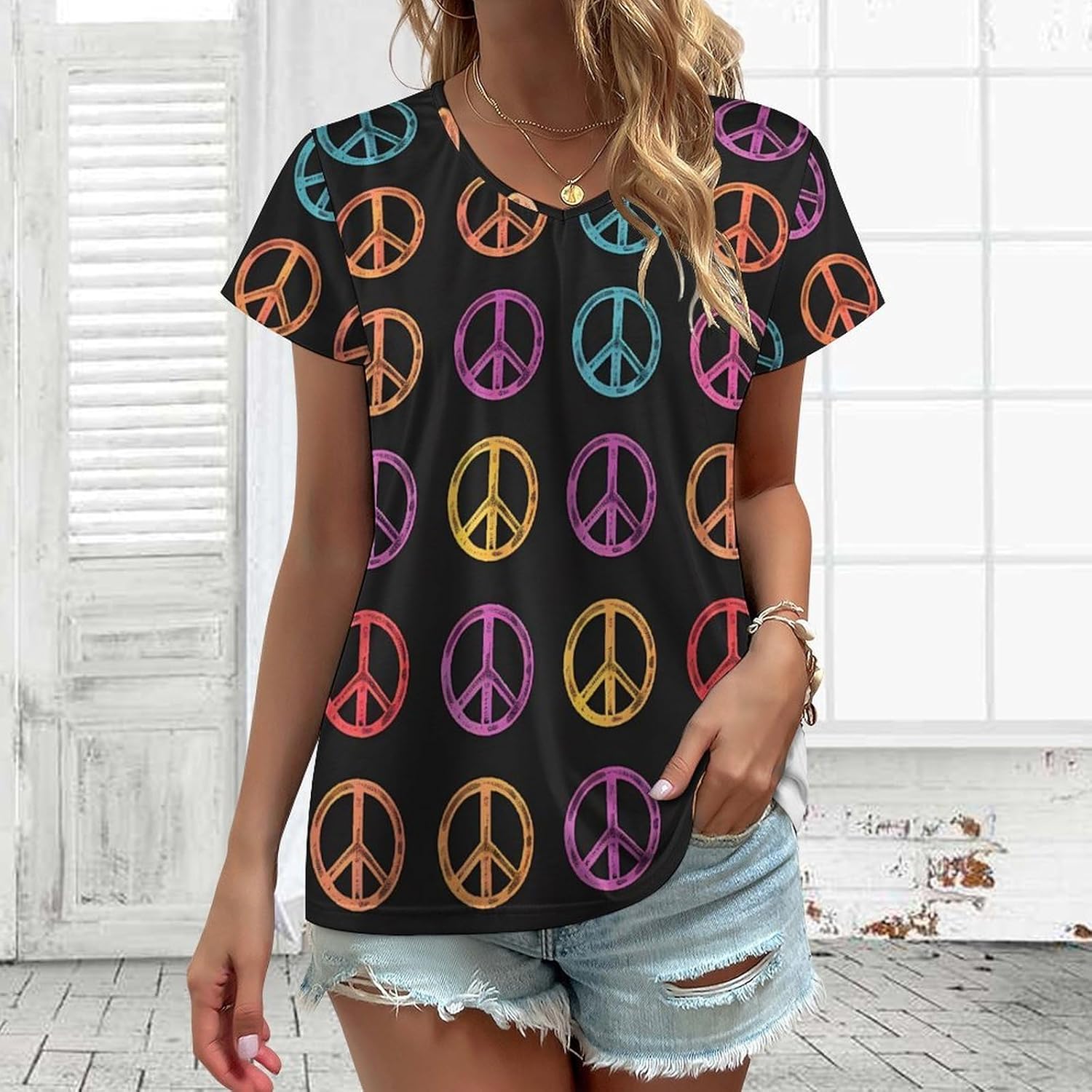 Rainbow Peace Printed Womens V Neck Short Sleeve T Shirts Summer Tops Tees Fashion Outfits Clothes - Image 2