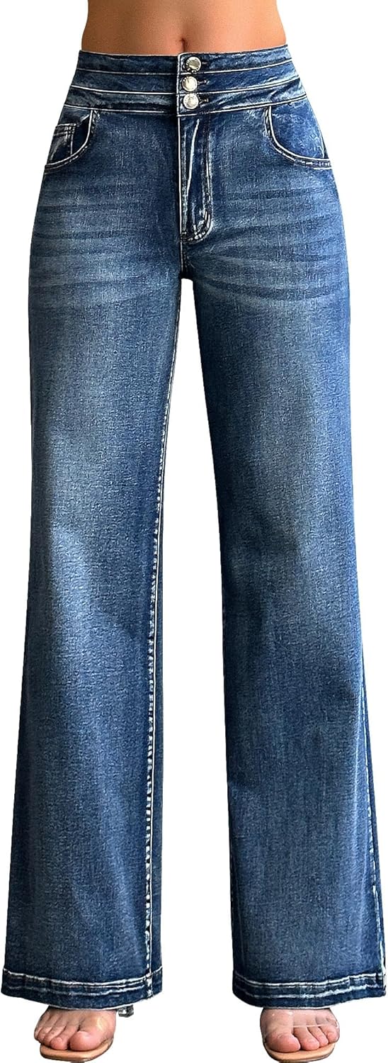 roswear Women's Wide Leg Jeans Casual High Waisted Stretch Baggy Loose Denim Pants - Image 2