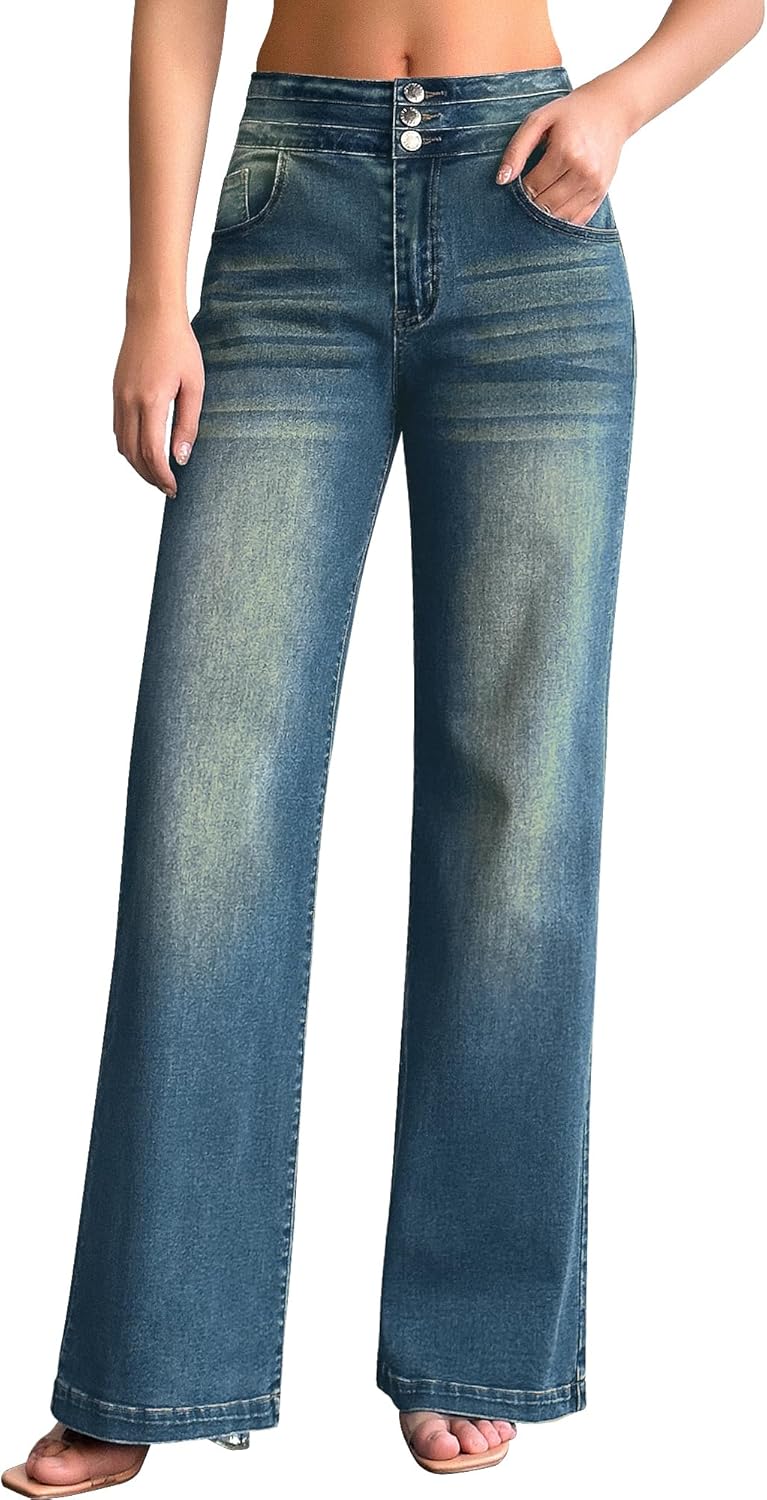 roswear Women's Wide Leg Jeans Casual High Waisted Stretch Baggy Loose Denim Pants - Image 14