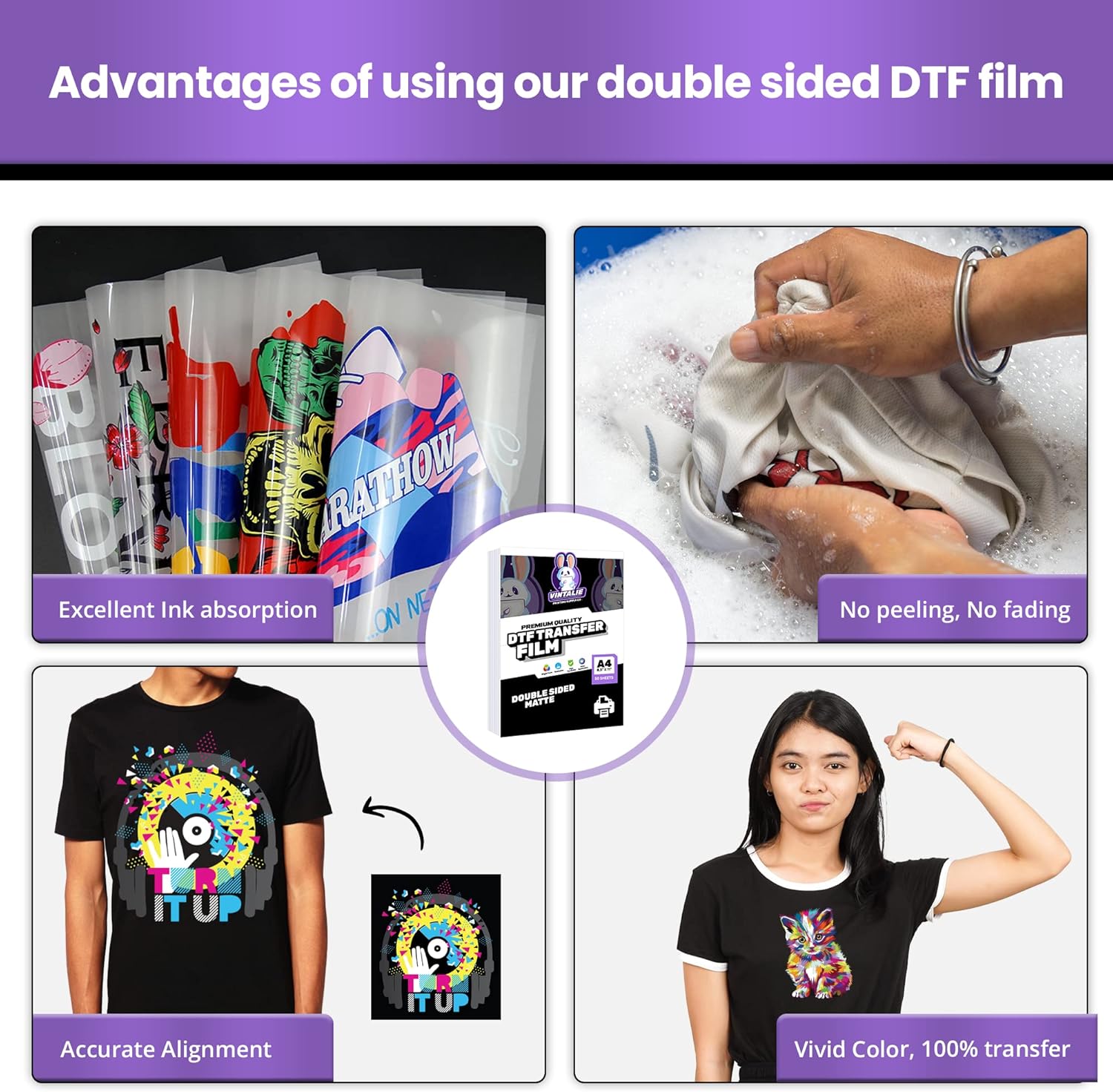 Vintalie DTF Transfer Film \u2013 A4 (8.5\u201Dx11\u201D)50 Sheets Premium Matte Double Sided DTF Film PET Transfer Paper Direct to T Shirts - Image 3