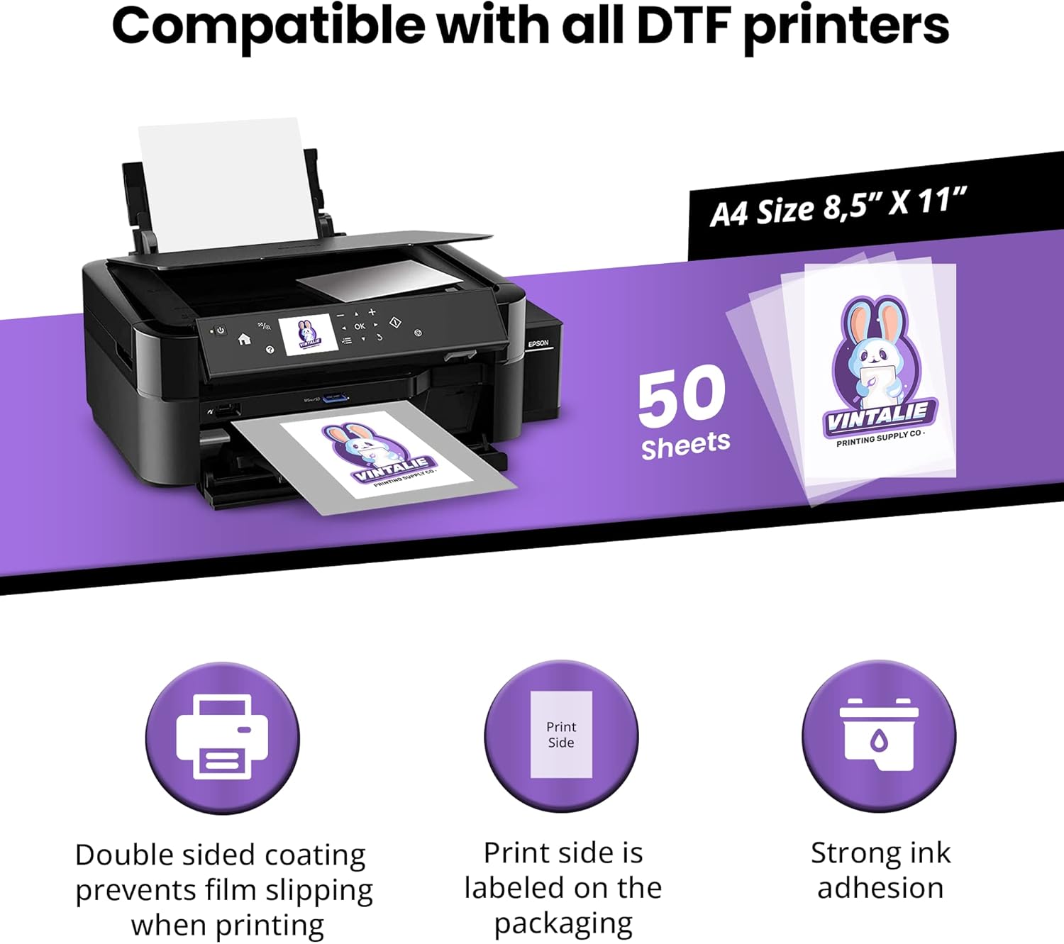 Vintalie DTF Transfer Film \u2013 A4 (8.5\u201Dx11\u201D)50 Sheets Premium Matte Double Sided DTF Film PET Transfer Paper Direct to T Shirts - Image 2