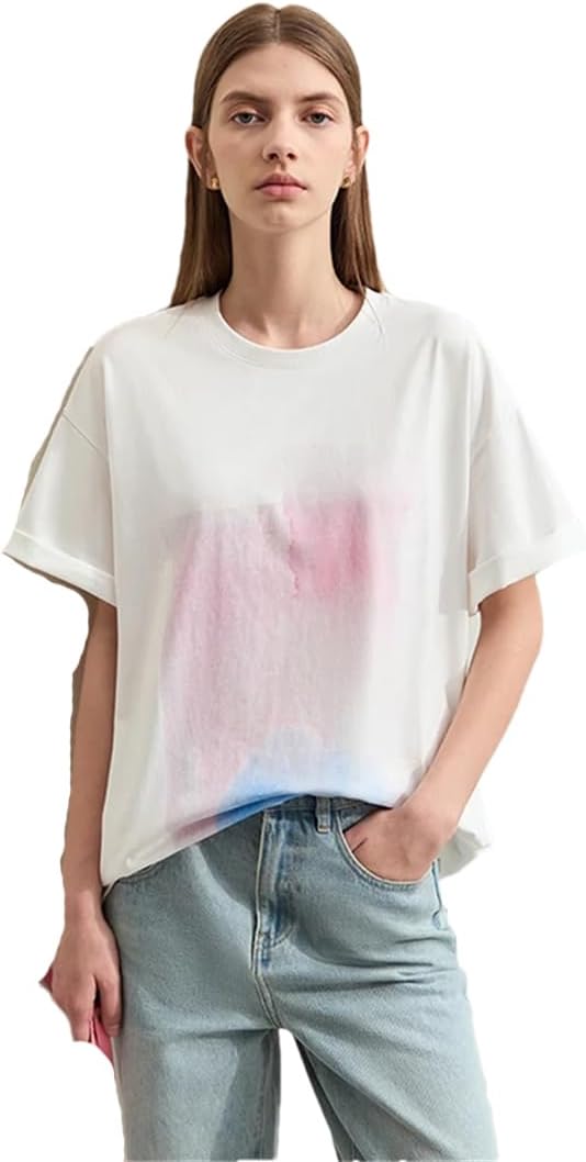 Women T-Shirts Casual Round Neck Printing Cotton Loose Tee Tops Short Sleeves