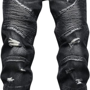 XIMXIMMTIAN Men's Biker Moto Washed Distressed Slim Fit Straight Jeans Denim